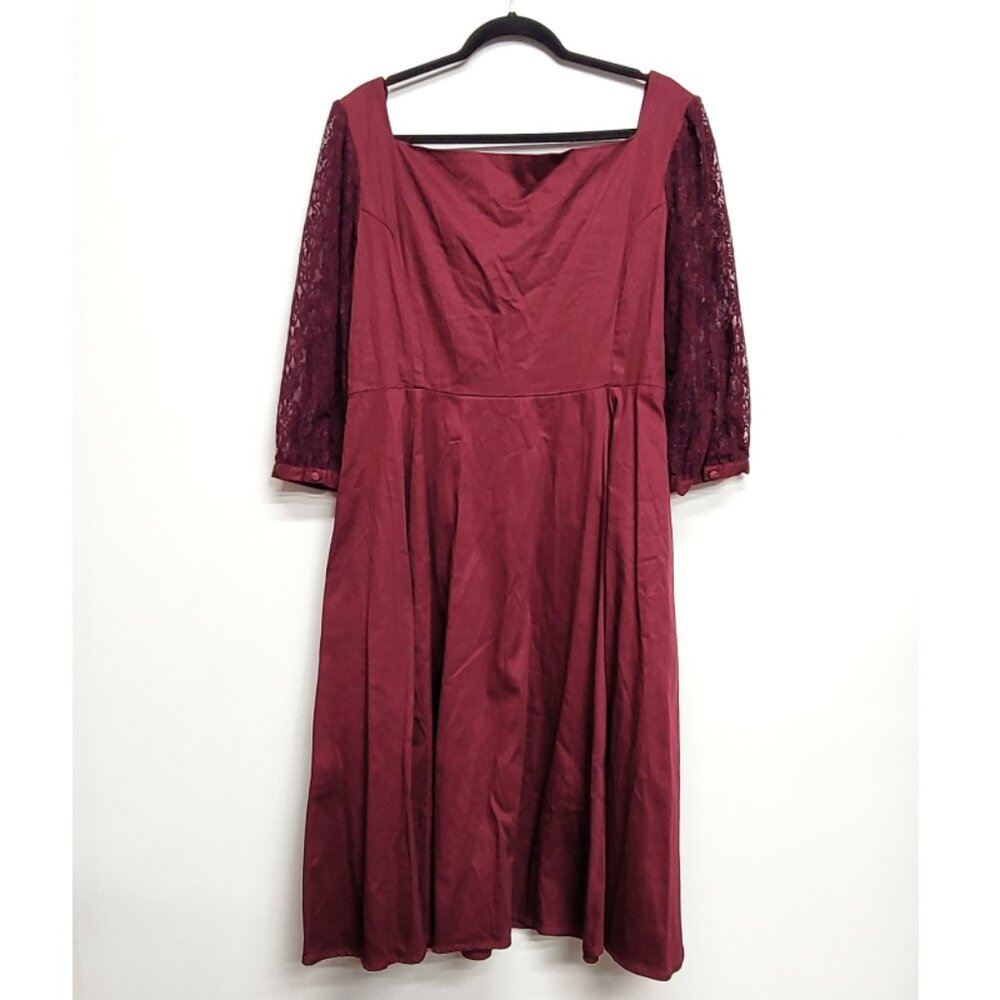 Hearts & Roses Burgundy Lace Sleeve Retro Swing Dress 2 2X 18 20 - Picture 6 of 9